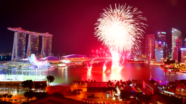 夜のシンガポールの都市の花火の風光明媚な映像 — ストック動画