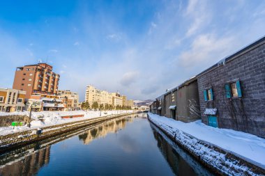 Güzel manzara ve kışın Otaru kanal Nehri'nin cityscape