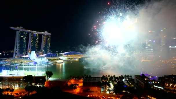 Hermosos Fuegos Artificiales Cerca Bahía Marina Ciudad Singapur — Vídeos de Stock