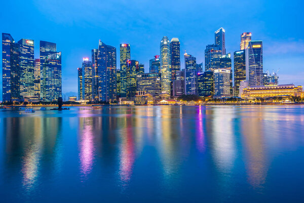 Singapore - 18 Jan 2019 : Beautiful architecture building landmark exterior in the city skyline at twilight and night time