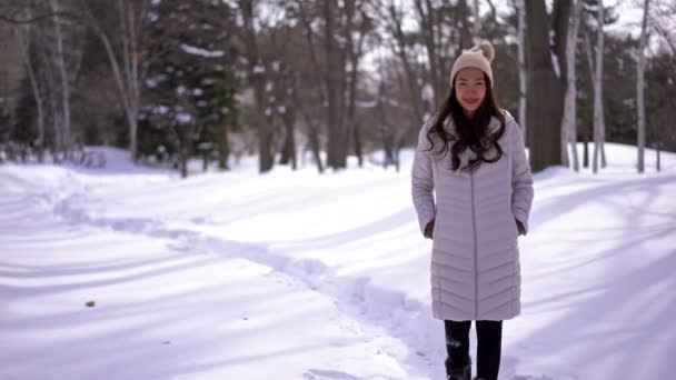 Bilder Vacker Asiatisk Ung Kvinna Snöfall — Stockvideo