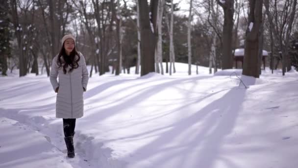 Beelden Van Mooie Aziatische Jonge Vrouw Onder Sneeuwval — Stockvideo