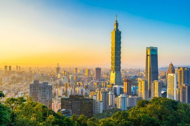 Güzel manzara ve cityscape taipei 101 bina ve günbatımı zaman şehir manzarası Tayvan mimarisinde
