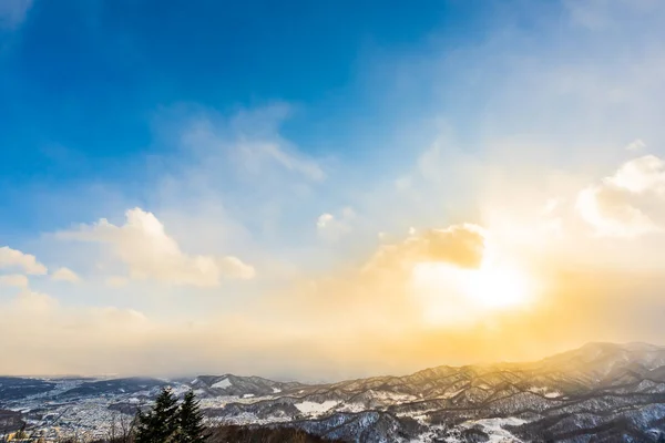눈 겨울 바다에서 나무 주위 산으로 아름 다운 풍경 — 스톡 사진
