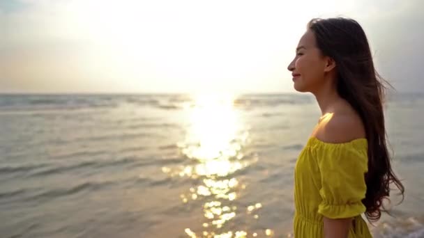 Bilder Vackra Asiatiska Unga Kvinna Stranden — Stockvideo