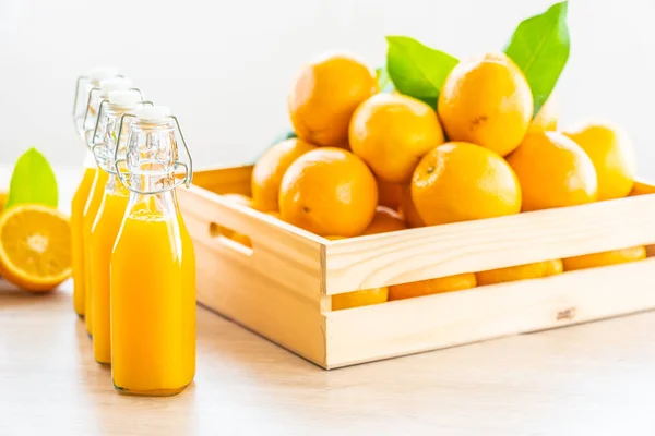 Fresh Orange Juice Drink Bottle Glass Wooden Table Healthy Food — Stock Photo, Image