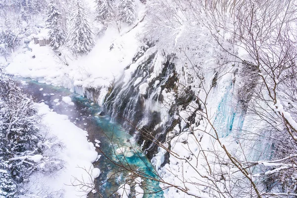 Bela Paisagem Natural Livre Com Cachoeira Shirahige Ponte Temporada Inverno — Fotografia de Stock