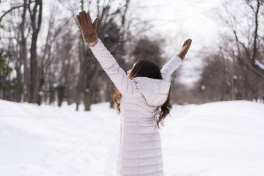 Güzel genç Asyalı kadın mutlu seyahat kar kış sezonu Hokkaido Japonya ile gülümseyen
