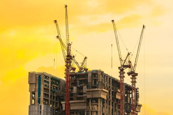 Bâtiment Chantier Grue Extérieur Heure Coucher Soleil — Photo