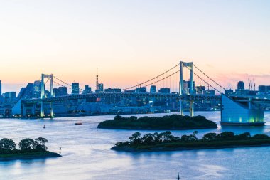 Alacakaranlık günbatımı zaman Japonya'nın tokyo şehir Gökkuşağı Köprüsü ile Cityscape bina güzel mimari