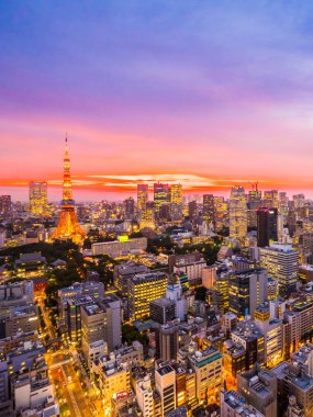 Şehir Japonya'da günbatımı zamanı, güzel mimarisi ve tokyo kule