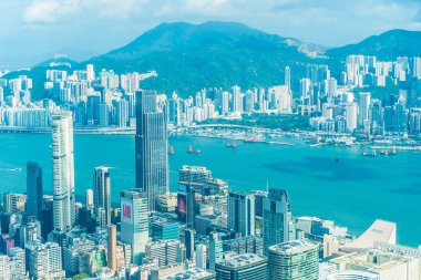 Hong kong şehir manzarası ile mavi gökyüzü arka plan dış cityscape bina güzel mimari