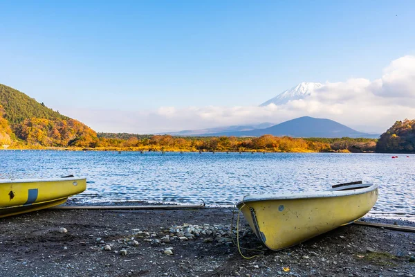 Bela Paisagem Fuji Montanha Com Barco Árvore Folha Bordo Torno — Fotografia de Stock