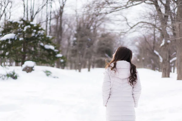 Güzel Genç Asyalı Kadın Mutlu Seyahat Kar Kış Sezonu Hokkaido — Stok fotoğraf