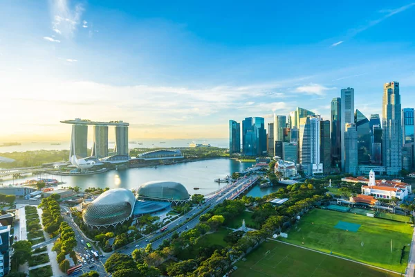 Schöne Architektur Gebäude Außen Stadtbild Singapore Stadt Skyline Bei Sonnenaufgang — Stockfoto