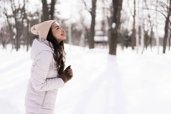 Bonita Jovem Mulher Asiática Sorrindo Feliz Com Viagens Temporada Inverno — Fotografia de Stock