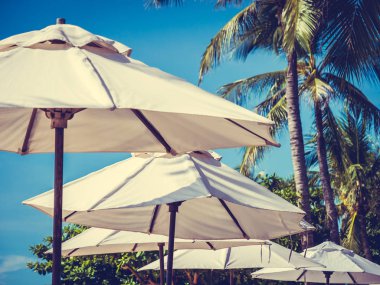 Hindistan cevizi hurma ağacı ile deniz okyanus seyahat ve tatil için mavi gökyüzü arka plan üzerinde Beyaz şemsiye