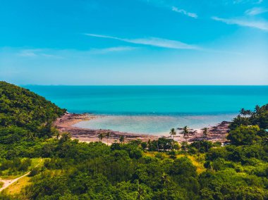 Seyahat ve tatil için adada güzel tropikal plaj ve deniz ağaçları ile havadan görünümü