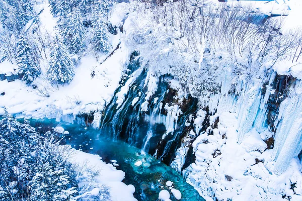 Piękny Odkryty Natura Krajobraz Shirahige Wodospad Most Śniegu Zimą Hokkaido — Zdjęcie stockowe