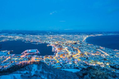Beautiful landscape and cityscape from Mountain Hakodate for look around city skyline building and architecture at night clipart