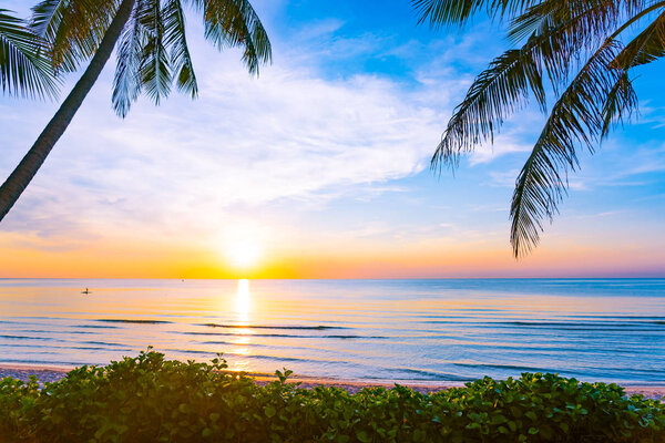 Beautiful outdoor nature landscape of sea and beach with coconut palm tree at sunrise or sunset for leisure travel and vacation