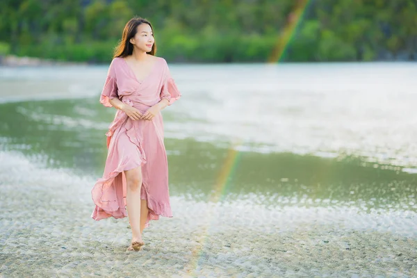 Portrait Beautiful Young Asian Woman Smile Happy Walk Tropical Outdoor — Stock Photo, Image