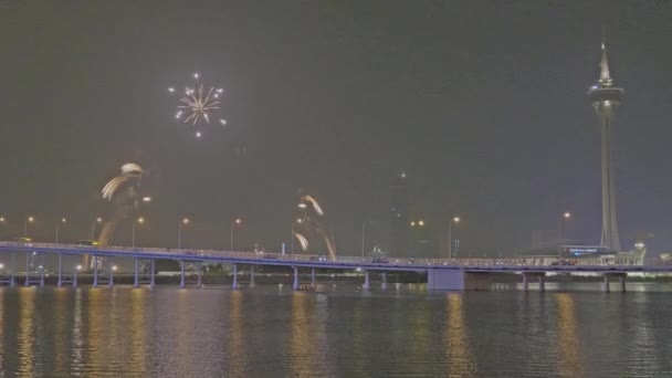Fireworks Exploding Asian City Holiday Night — Stock Video