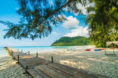 Ahşap iskele veya tropikal plaj ve Deniz Paradise ile köprü