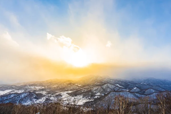 雪の冬の海での木の周りの山と美しい風景 — ストック写真