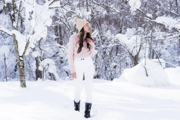 Портрет Красивая Азиатская Женщина Улыбка Счастливого Путешествия Наслаждаться Снегом Зимний — стоковое фото