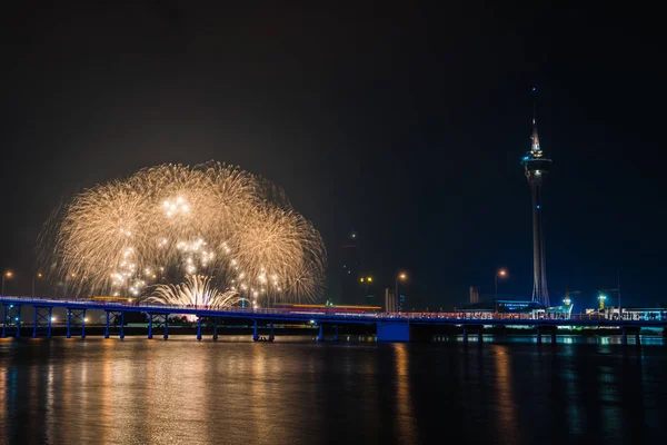 Belo Fogo Artifício Com Torre Macau Cidade Noite — Fotografia de Stock