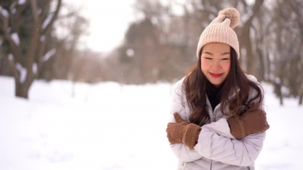 Kar Yağışı Altında Güzel Asyalı Genç Kadının Görüntüleri — Stok video