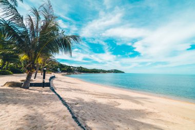 Güzel tropikal plaj deniz ve kum mavi gökyüzü ve beyaz bulut seyahat ve tatil için Hindistan cevizi hurma ağacı ile