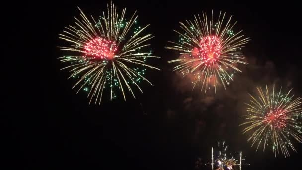 Close Upbeelden Van Vuurwerk Dat Ontploft Nachtelijke Hemel — Stockvideo