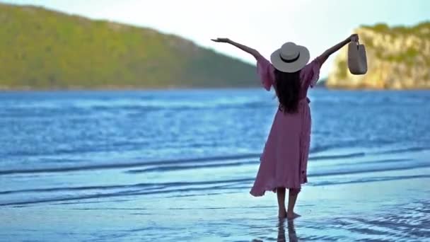 Metraje Mujer Asiática Relajándose Orilla Del Mar — Vídeo de stock