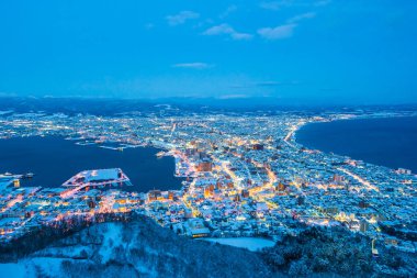 Güzel manzara ve tuvalet için dağ Hakodate üzerinden cityscape