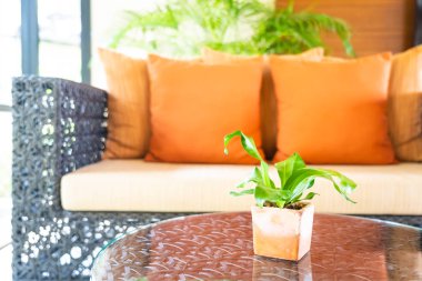 Oturma odasının iç tarafındaki kanepede rahat bir yastık.