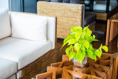 Yastık ve kanepe ile masada vazo bitki