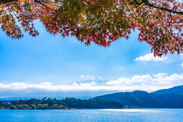 A hegyi fuji maple leaf fa körül gyönyörű táj — Stock Fotó