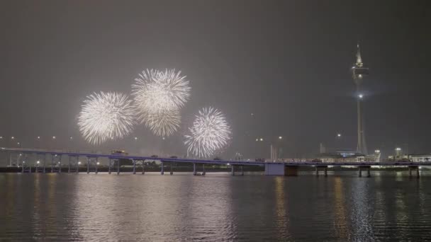 Fireworks Exploding Asian City Holiday Night — Stock Video