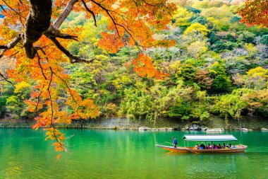 Akçaağaç ağaç yaprak ve etrafında tekne ile güzel Arashiyama Nehri 