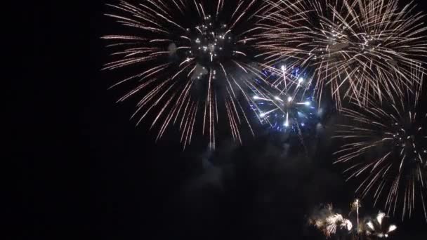 Imagens Perto Fogos Artifício Explodindo Céu Noturno — Vídeo de Stock