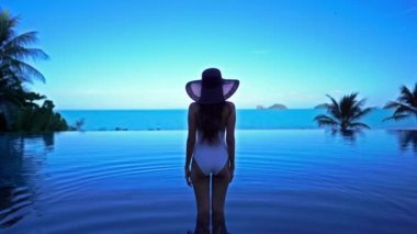 Güzel Asyalı bir kadının oteldeki havuzda dinlenirken çekilmiş görüntüleri.