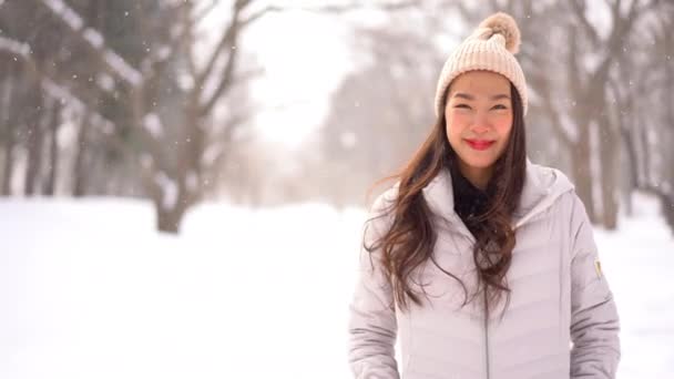 Bilder Vacker Asiatisk Kvinna Varma Kläder Står Utomhus Snöfall — Stockvideo