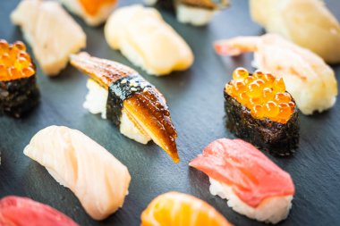 Somon balığı karides karides yılan balığı kabuk ve oth nigiri suşi ayarla