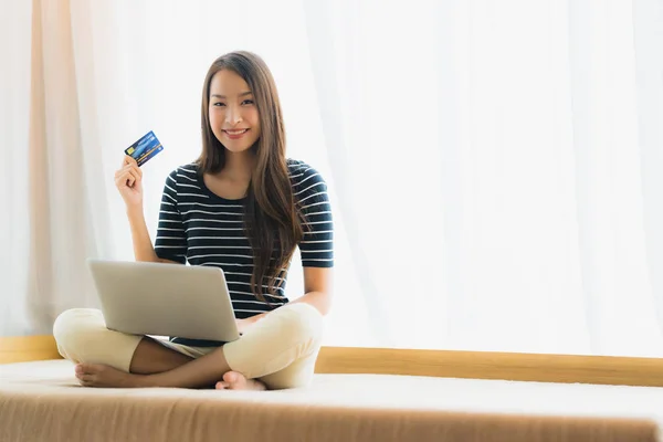 Portrait beautiful young asian woman using computer notebook or — Stock Photo, Image