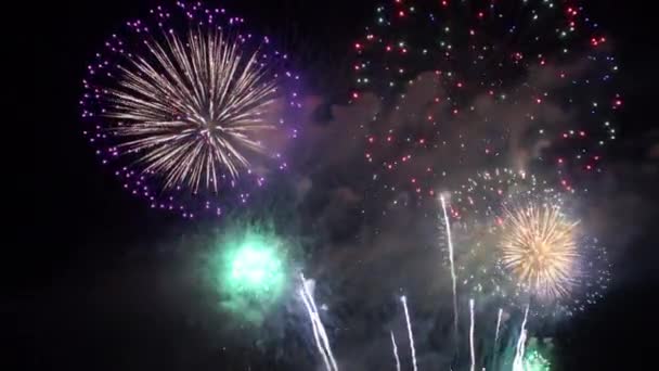 Imagens Perto Fogos Artifício Explodindo Céu Noturno — Vídeo de Stock