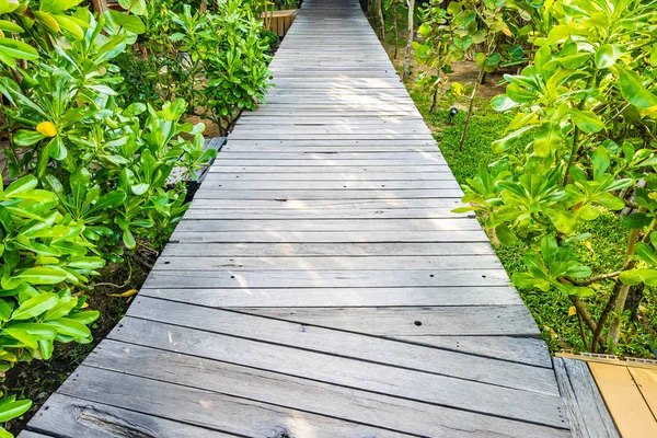 Piękne drewniane ścieżki chodzić w ogrodzie — Zdjęcie stockowe