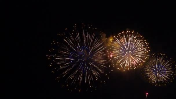 Imagens Perto Fogos Artifício Explodindo Céu Noturno — Vídeo de Stock