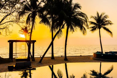 Güzel siluet Hindistan cevizi palmiye ağacı üzerinde sky çevresinde Yüzme po